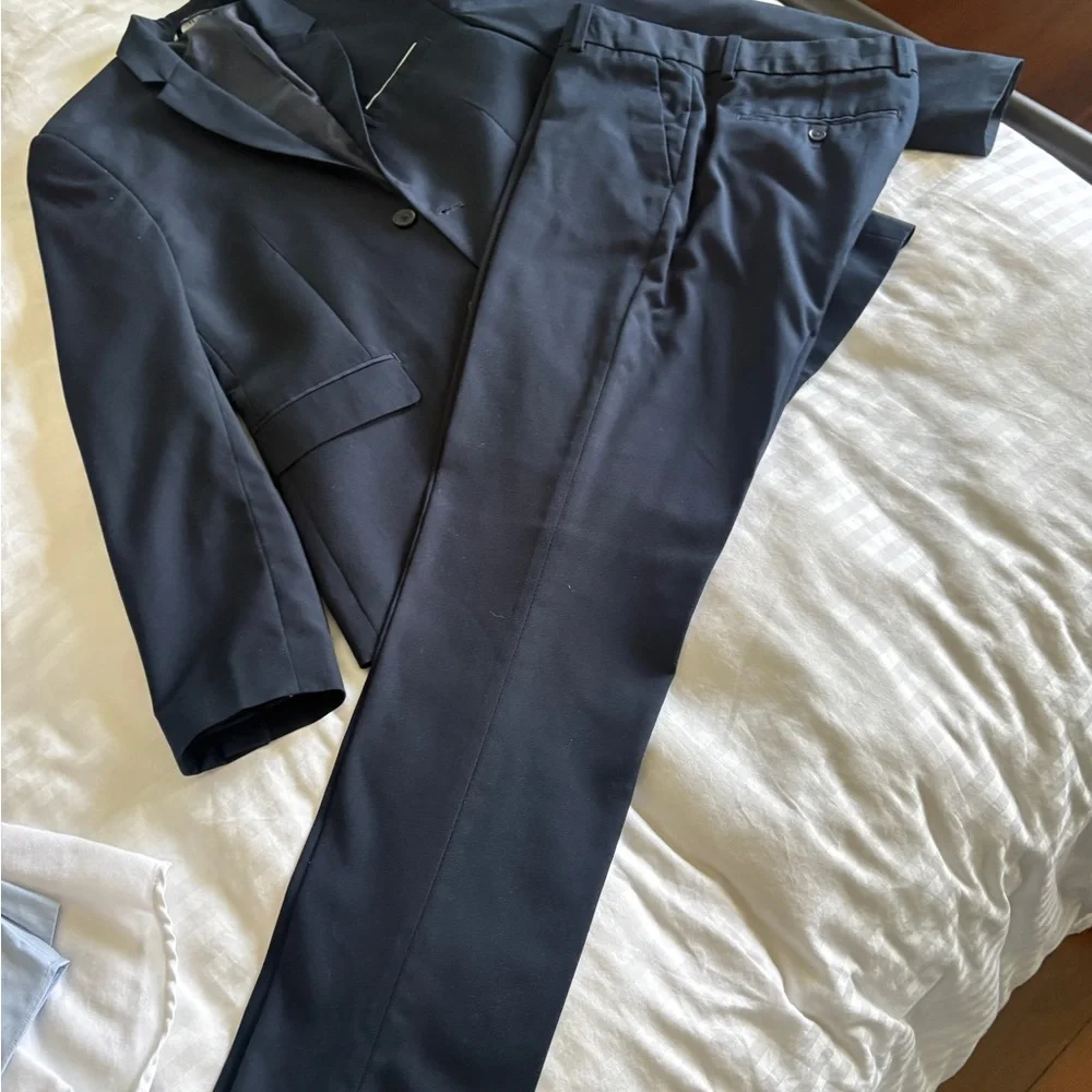 Boys Blue 2 Piece Suit Set with Brooks Brothers Shirt and Brown Belt - Picture 2 of 7